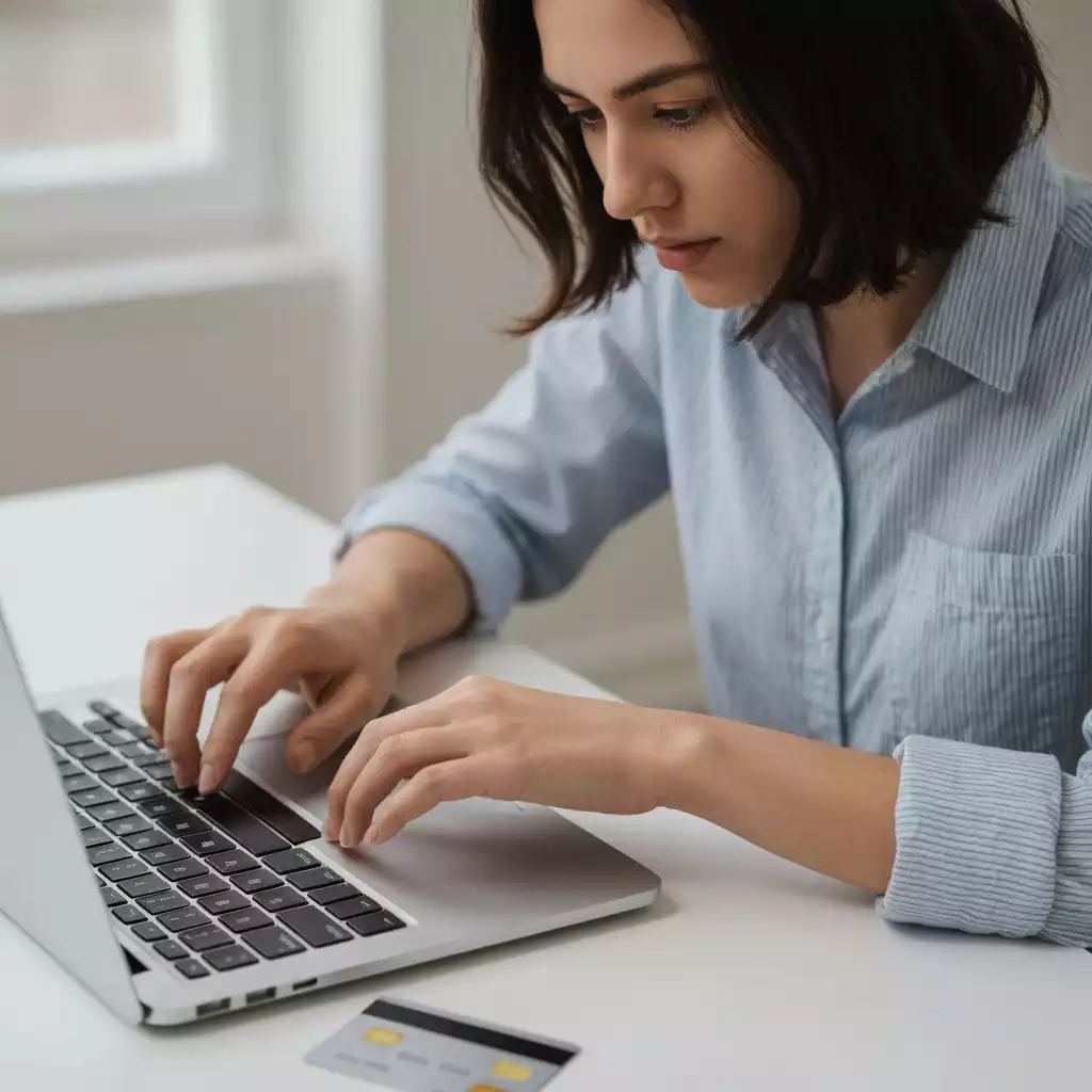 Person buying event tickets online on a laptop, close-up with credit card