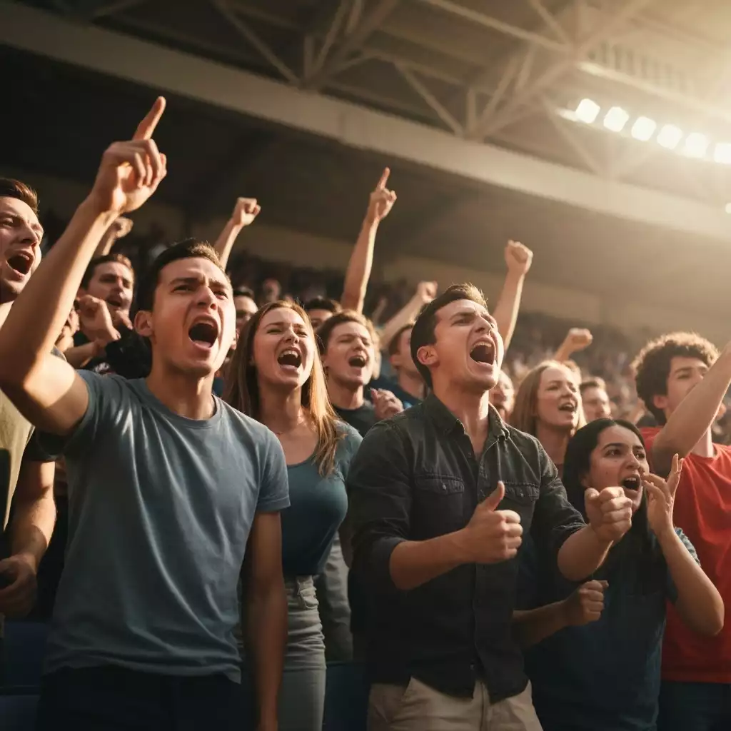 Excited basketball fans cheering in a vibrant arena