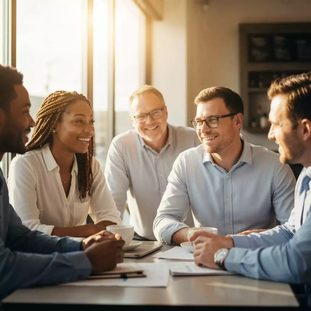 Diverse group of business owners discussing growth strategies in a modern Fort Myers cafe