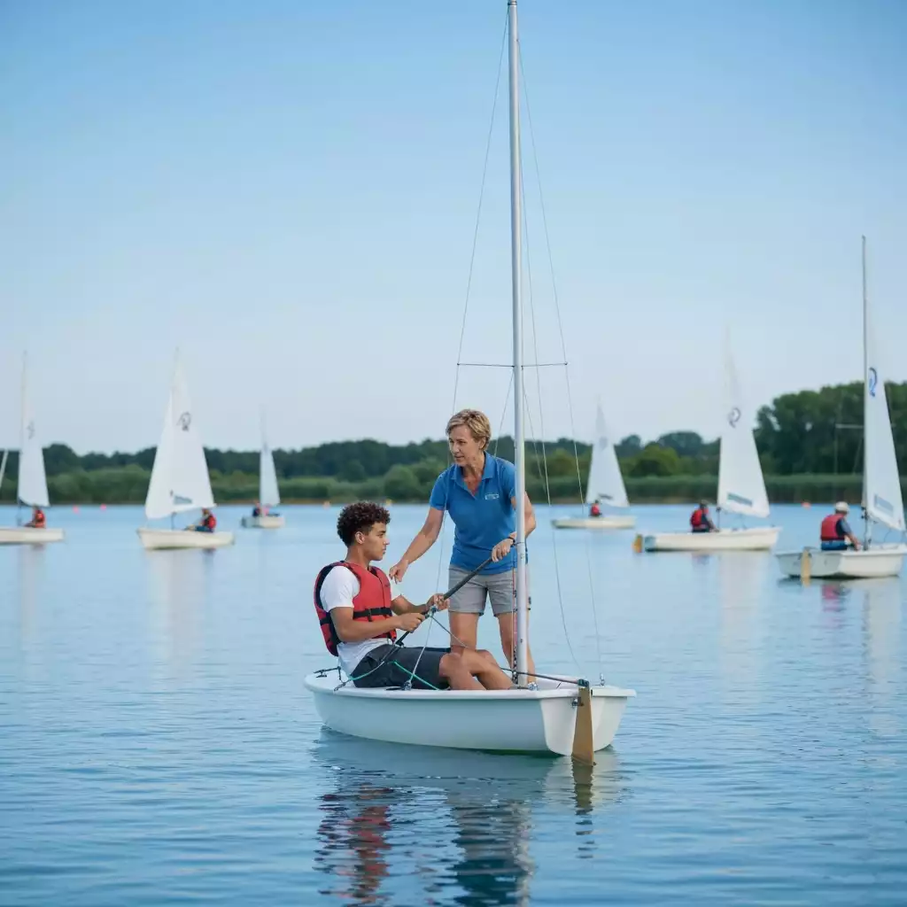 Young person learning to sail with an instructor, on a calm blue lake, with other sailboats in the background, no text, no words, no typography, clean image