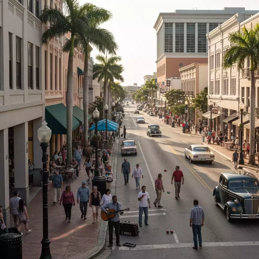 Local Fort Myers chefs collaborating in a professional kitchen, smiling, diverse team
