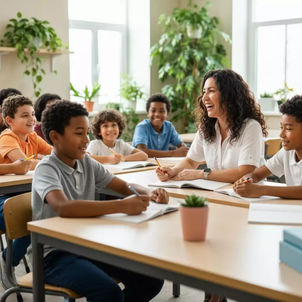 Teacher giving a lesson in a modern classroom setting with diverse students, no text, no words, no typography, clean image