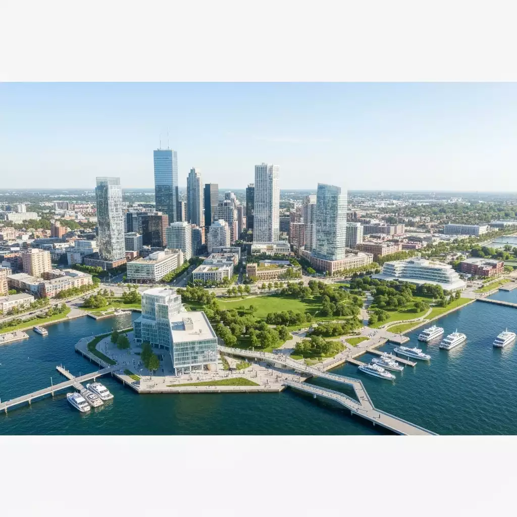 Aerial view of a revitalized downtown area with modern buildings and green spaces, no text, no words, no typography, clean image