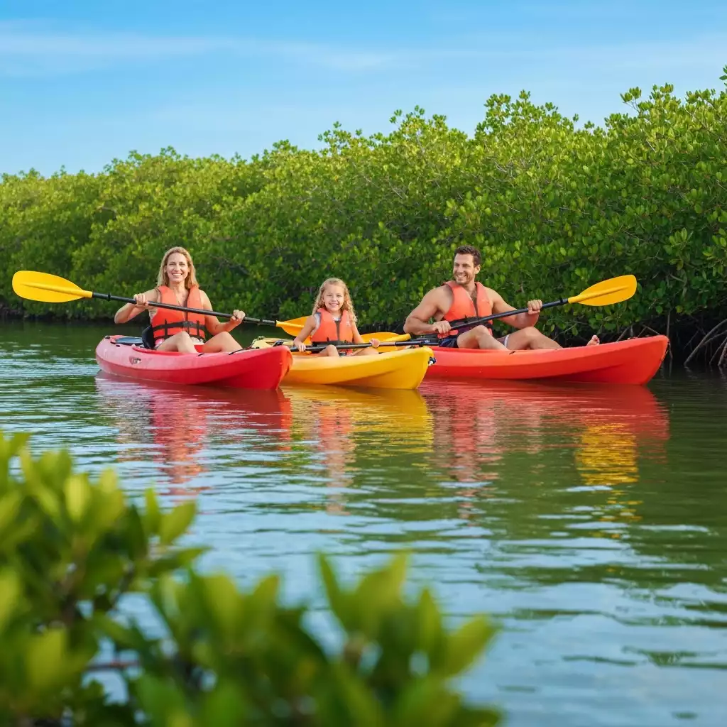 Family kayaking in serene waters of Fort Myers, surrounded by mangroves, clear blue sky, happy faces
