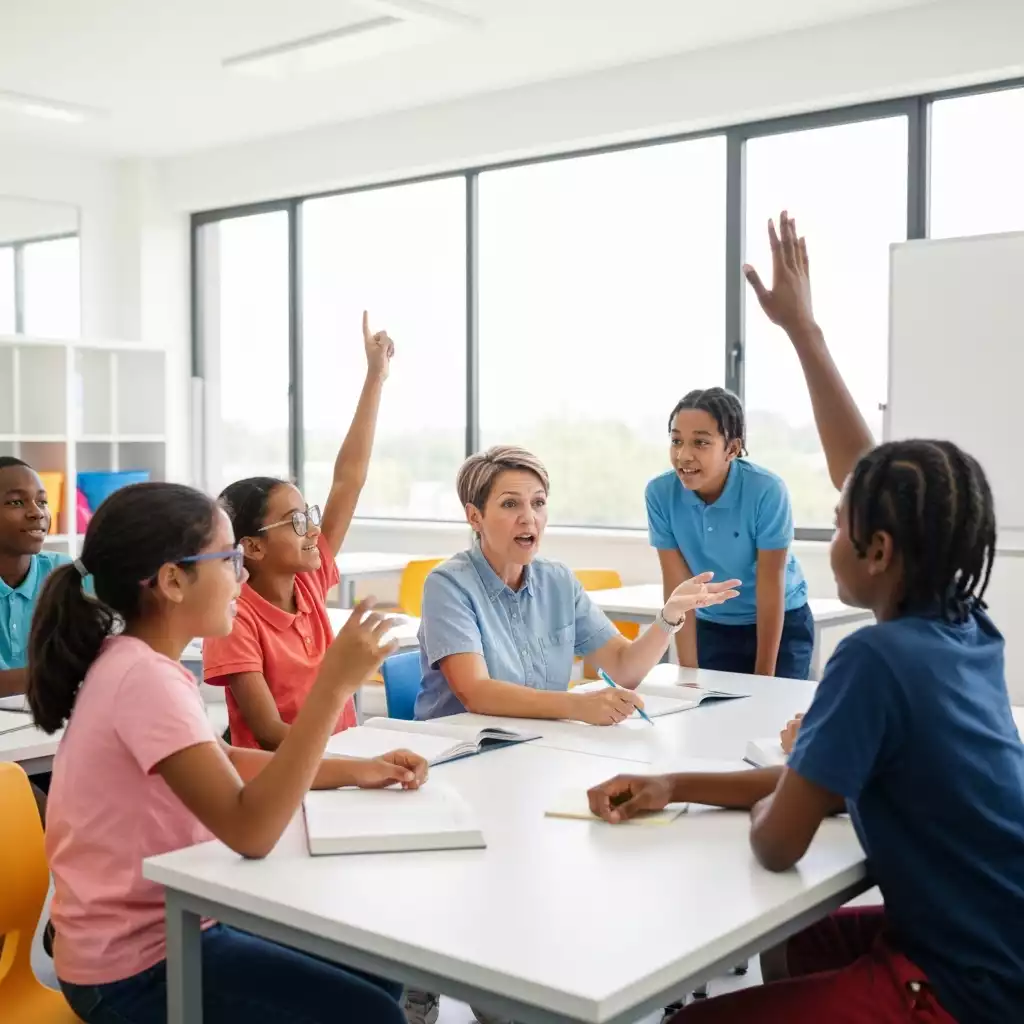 Teacher explaining concepts to students in a modern classroom setting with a diverse group of children, no text, no words, no typography, 8K