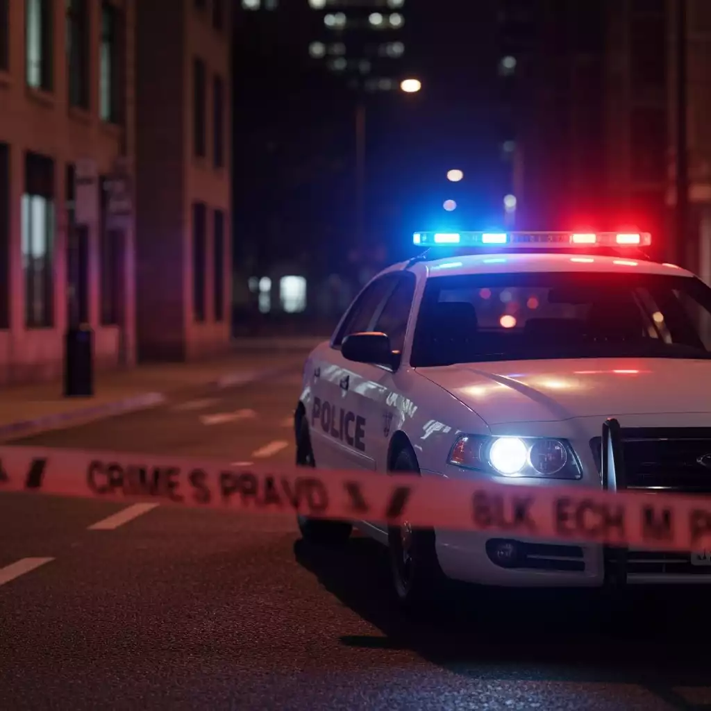 Police car with flashing lights at night, crime scene tape in foreground, urban street background, no text