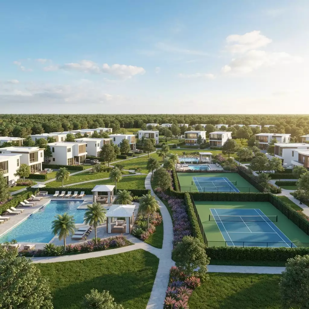 Architectural rendering of a modern residential community with green spaces
