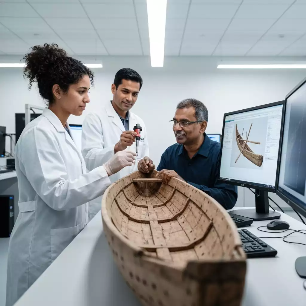 Research team studying an ancient wooden canoe in a lab setting