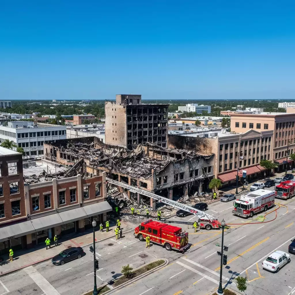 Downtown Fort Myers after fire, showing damaged buildings and emergency services