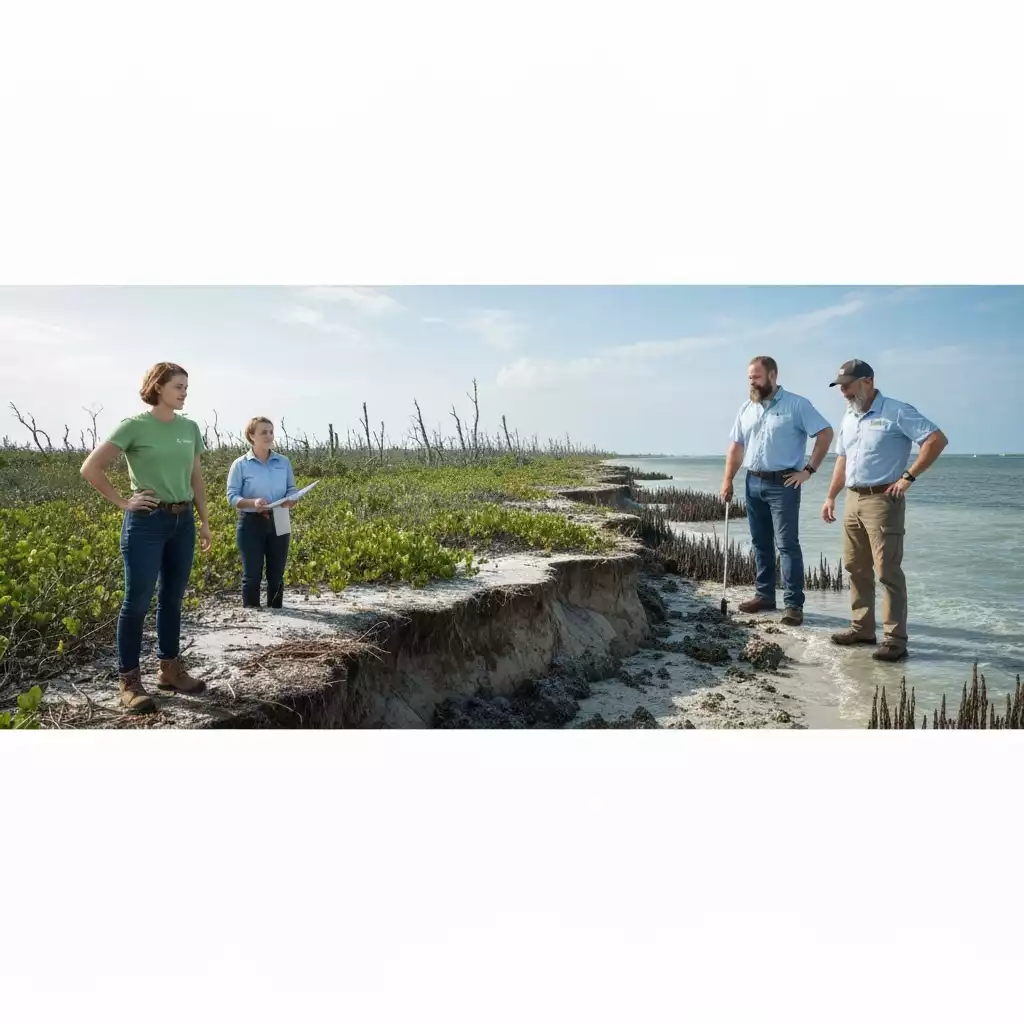 Coastal management team assessing environmental damage and planning restoration efforts in a natural Fort Myers ecosystem