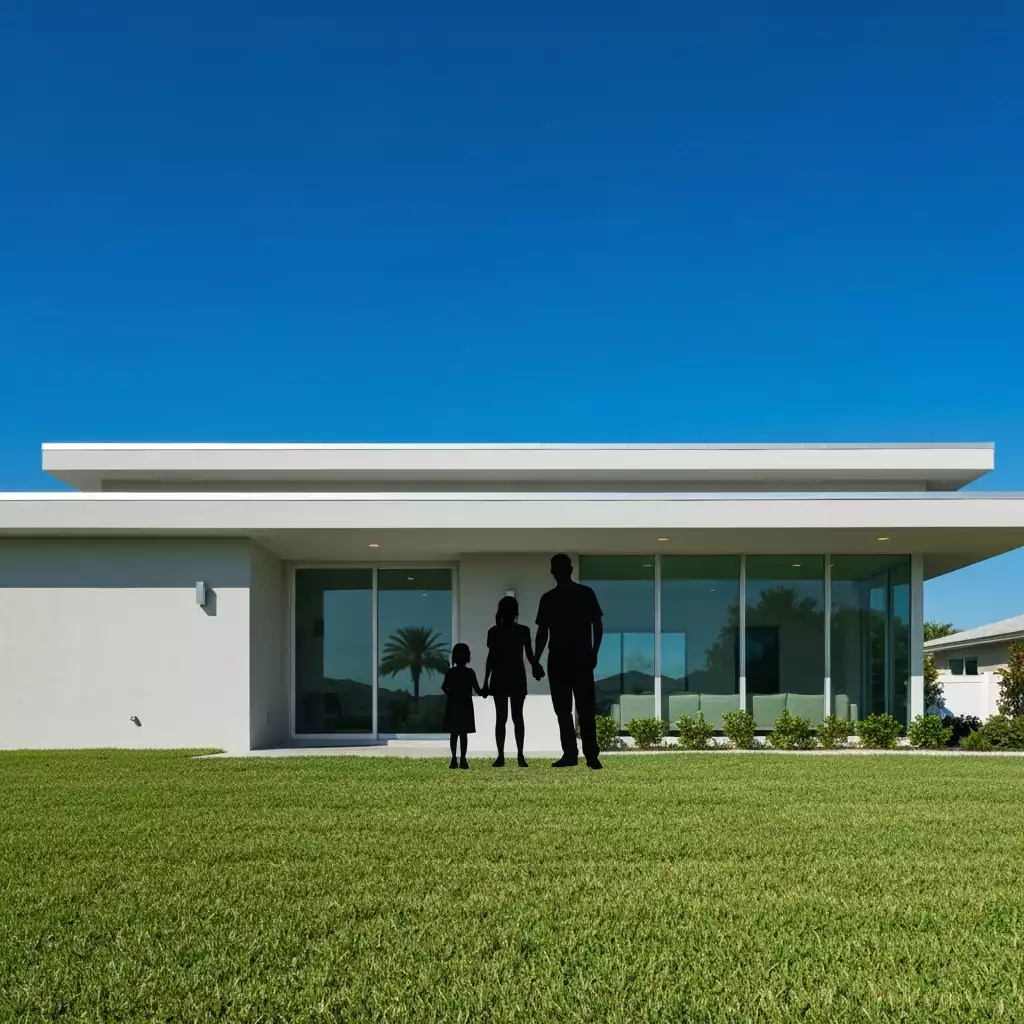 Family silhouette in front of a modern house, symbolizing housing stability in Fort Myers
