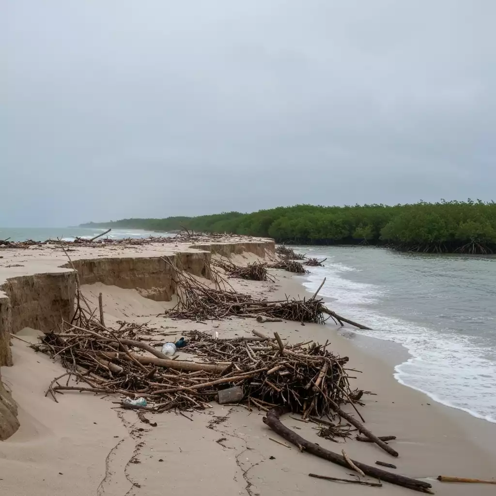 Coastal ecosystem with eroded beach and damaged dunes after a storm, with mangroves in the background
