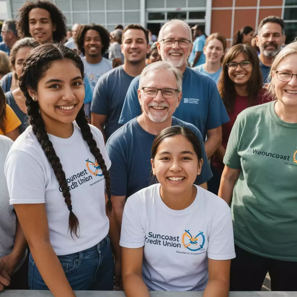 Diverse group of community members volunteering or attending a local event at Suncoast Credit Union Arena, smiling and interacting