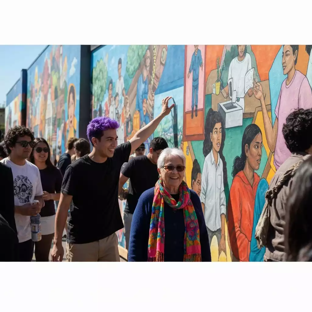 Vibrant community mural festival with people enjoying art, bright sunny day, no text, no words, no typography, 8K