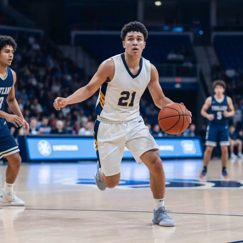 High school basketball player dribbling during a game, in a brightly lit arena