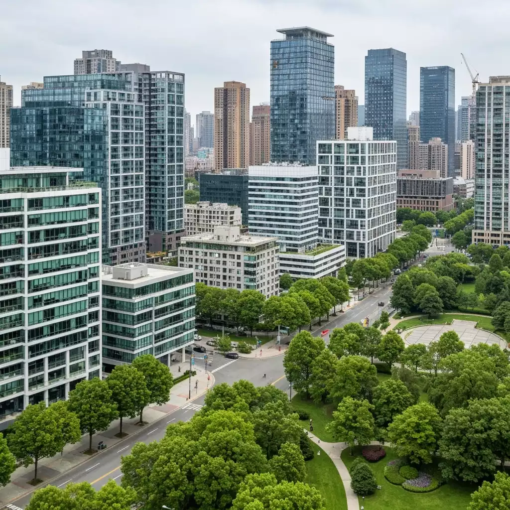 Modern cityscape with residential buildings and green spaces, reflecting urban growth and development, no text, no words, no typography, 8K
