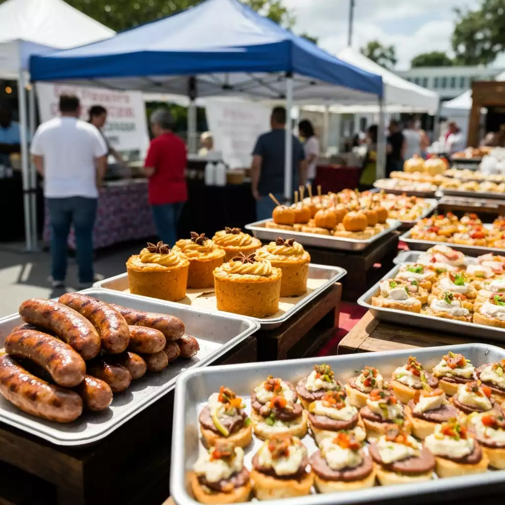 Close-up of diverse, delicious food from various stalls at a Fort Myers food festival, vibrant colors and textures