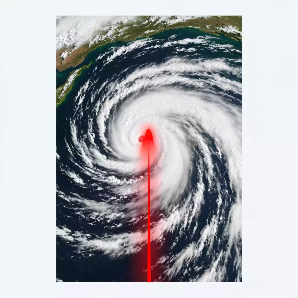 Satellite view of a hurricane forming over the ocean, with a red tracking cone, clean image
