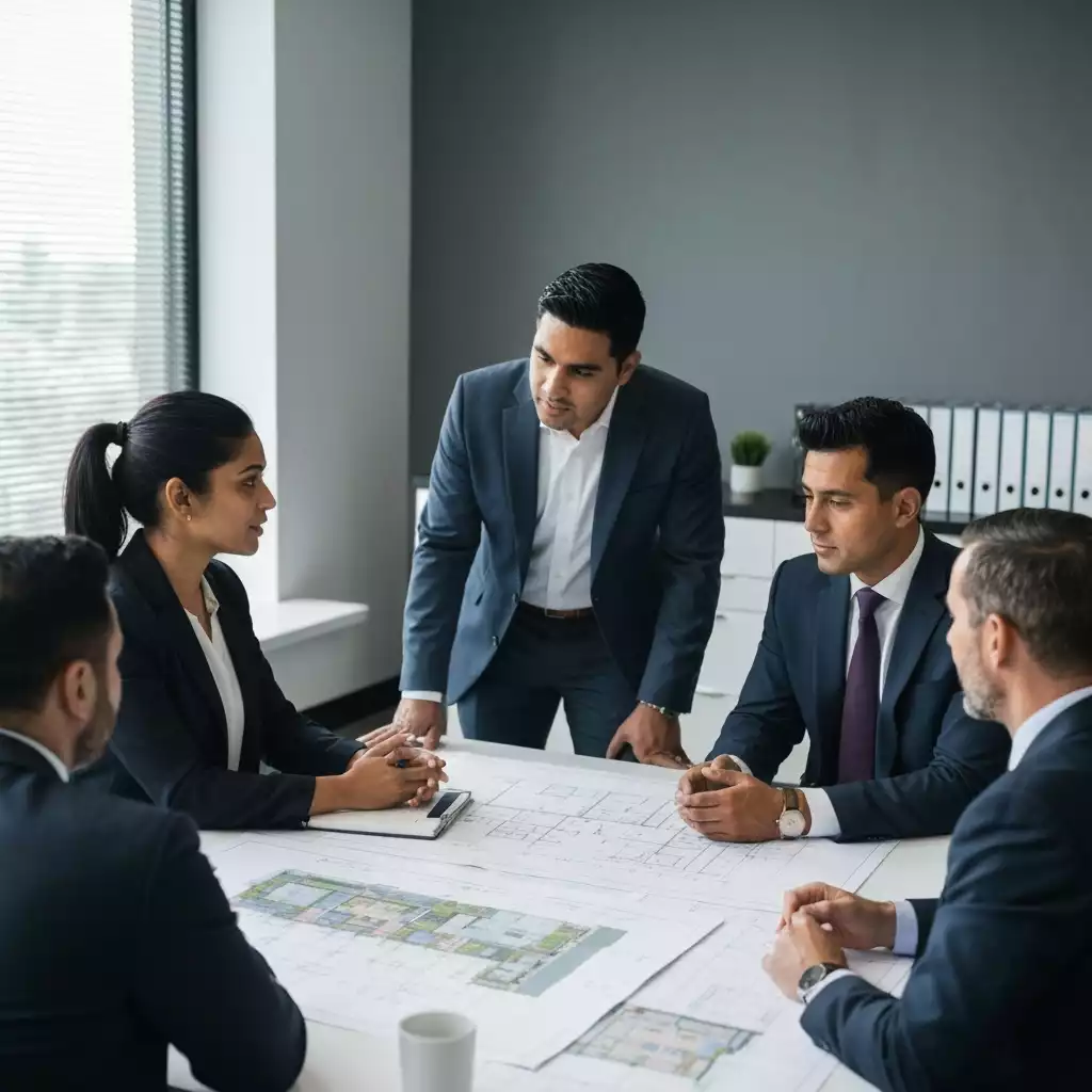 Group of diverse business owners meeting in a modern Fort Myers office, discussing development plans with blueprints on a table