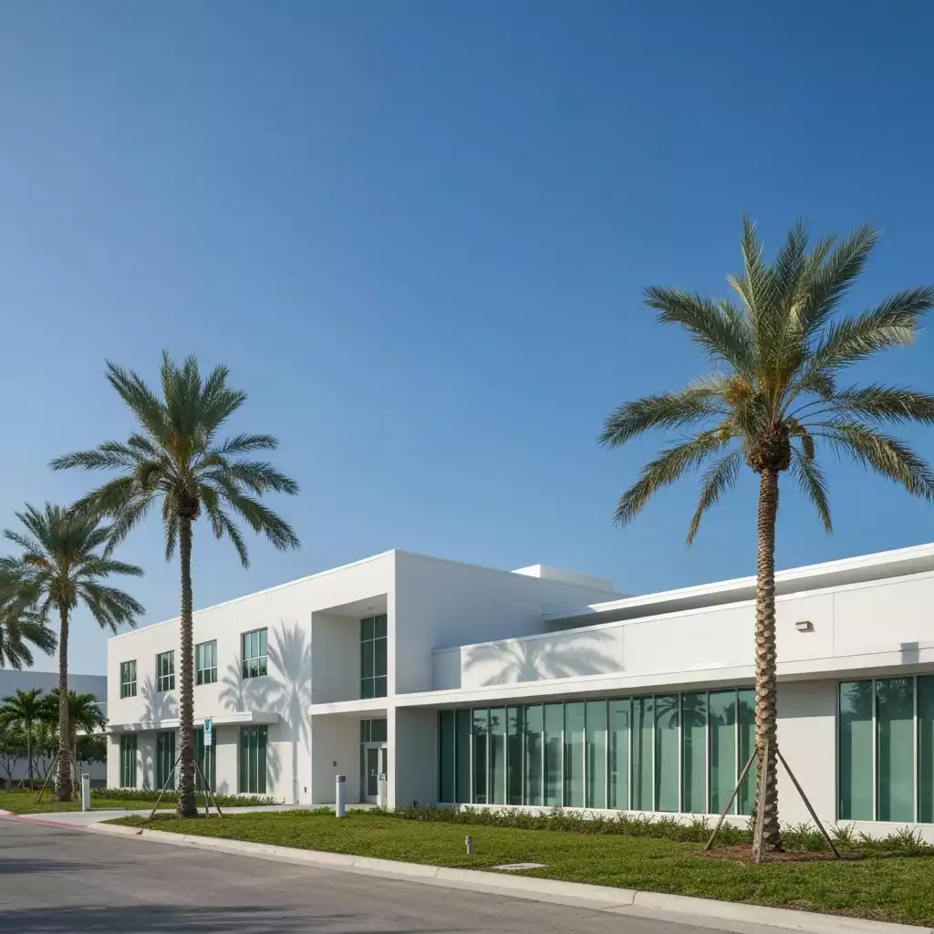Modern hospital or clinic building exterior in Fort Myers, Florida, with clear blue sky