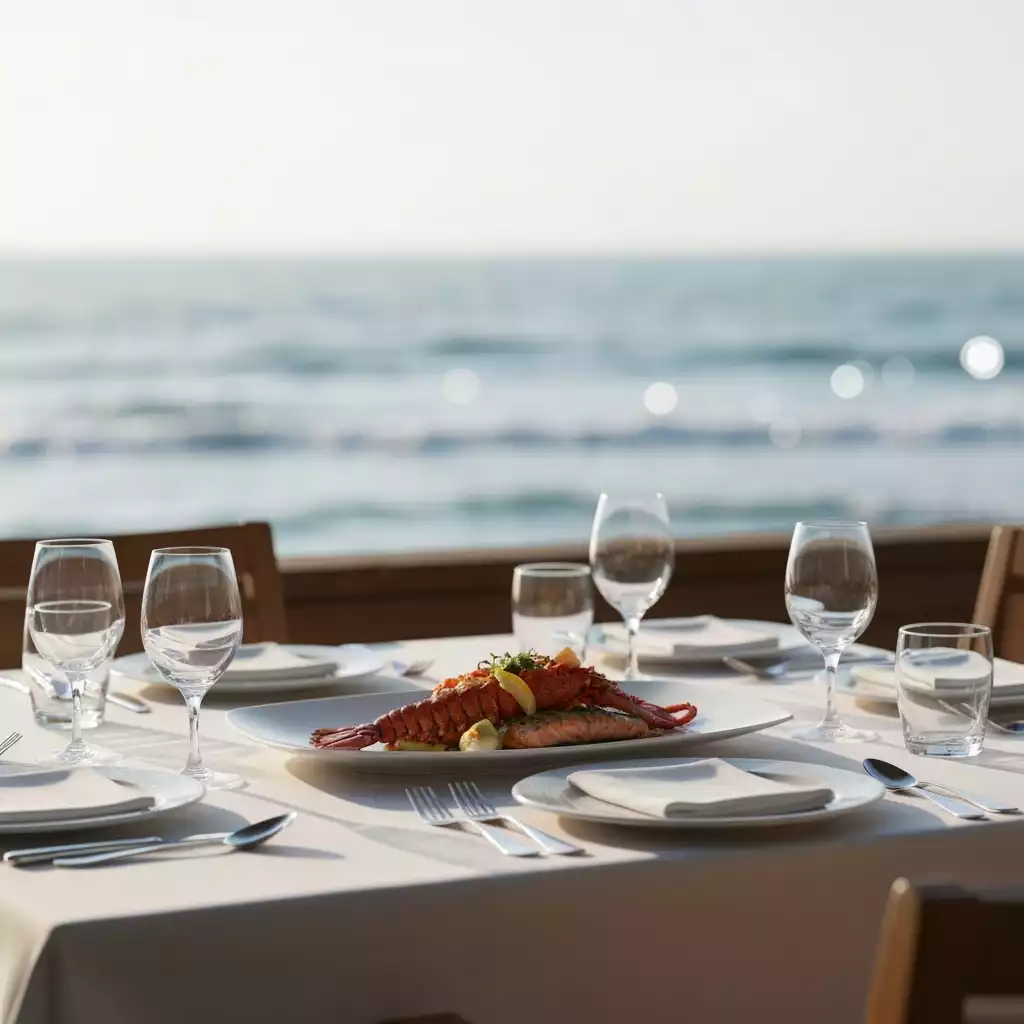 Coastal dining experience with fresh seafood dish on a table with ocean view