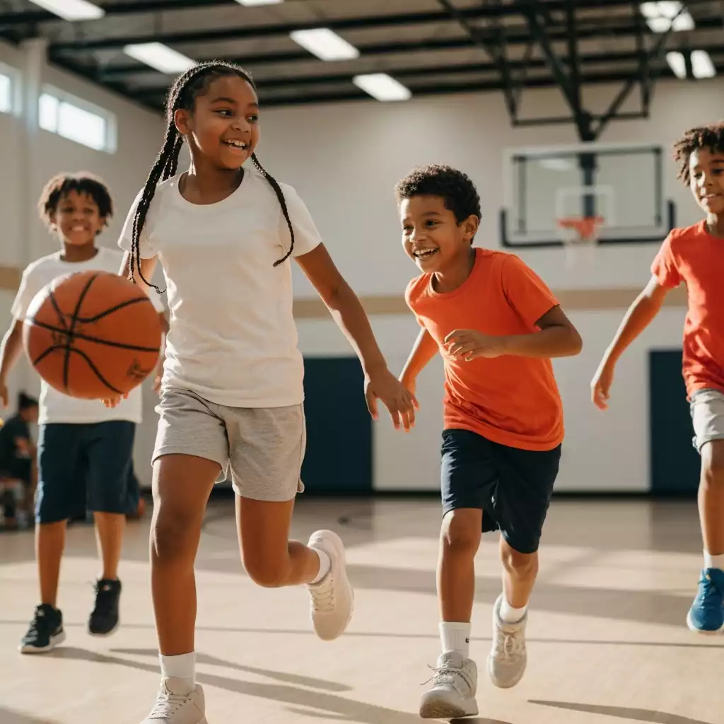 Group of diverse children playing basketball in a community gym