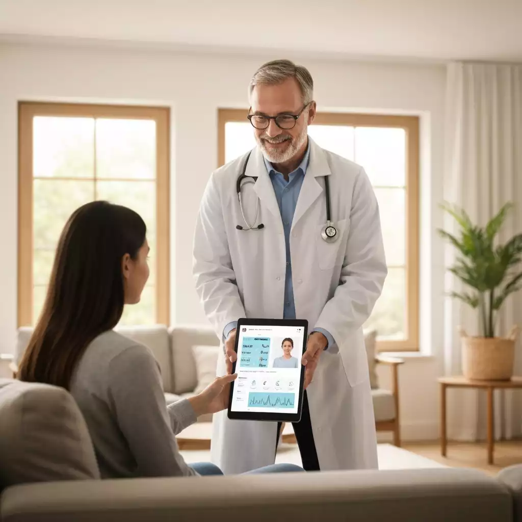Healthcare innovation: doctor showing patient data on a tablet in a home setting, no text, no words