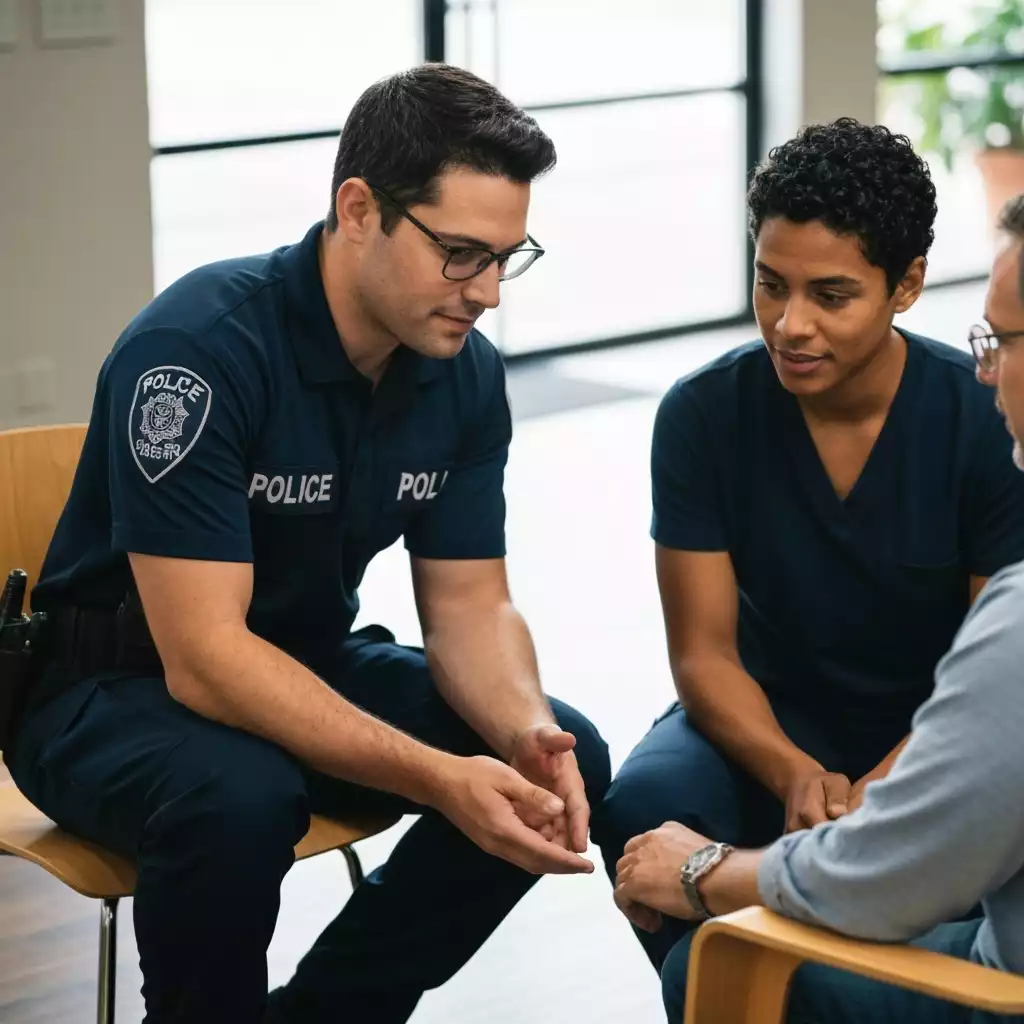 Police aide and mental health specialist interacting with a person in a calm, supportive environment