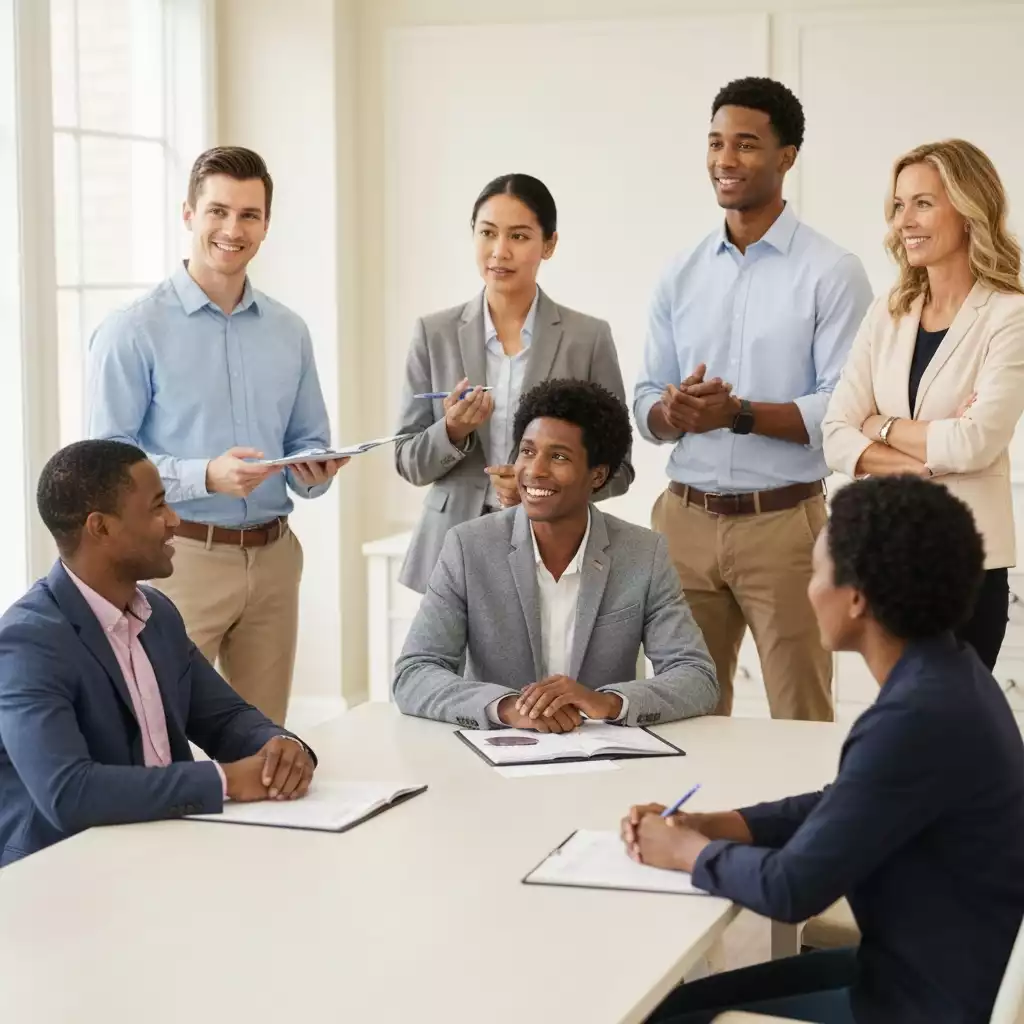 Nonprofit representatives offering support to small business owners in a meeting room