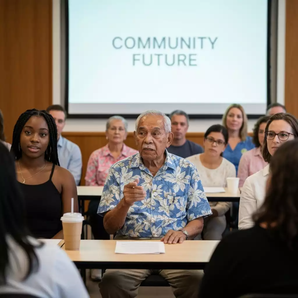 Diverse group of community members actively discussing at a town hall meeting, focused on school preservation, with a projector screen in the background showing 'Community Future' text. no text, no words, no typography, no labels, clean image