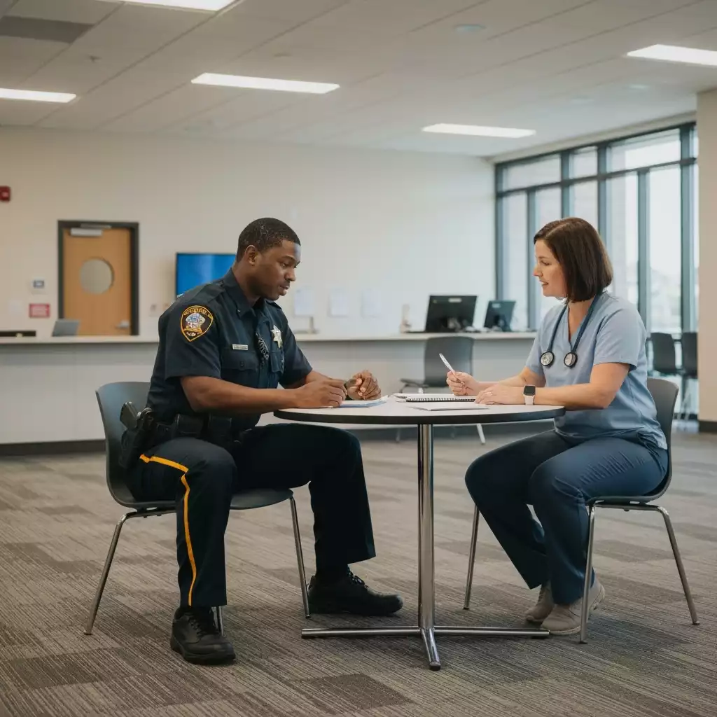 Police aide collaborating with mental health professional in a community setting