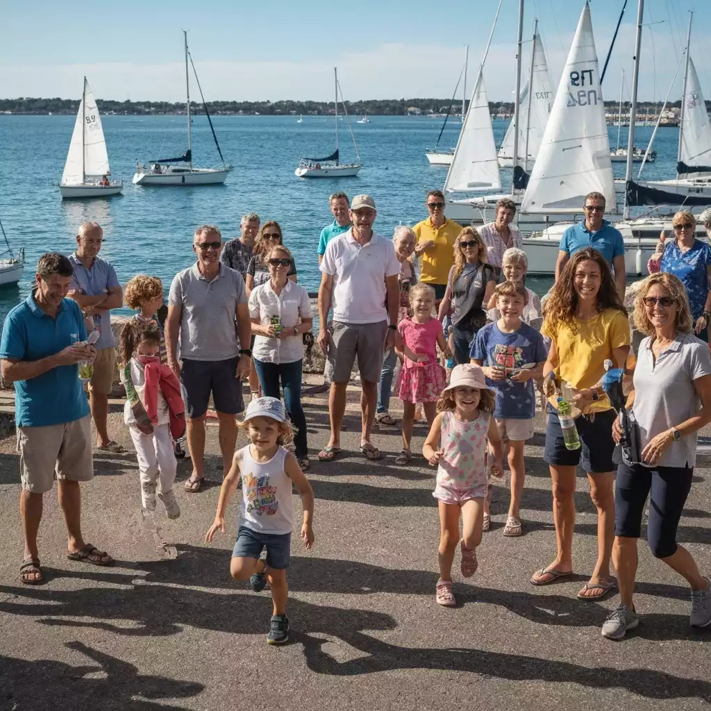 Diverse group of people gathered at a sailing community event, smiling and interacting