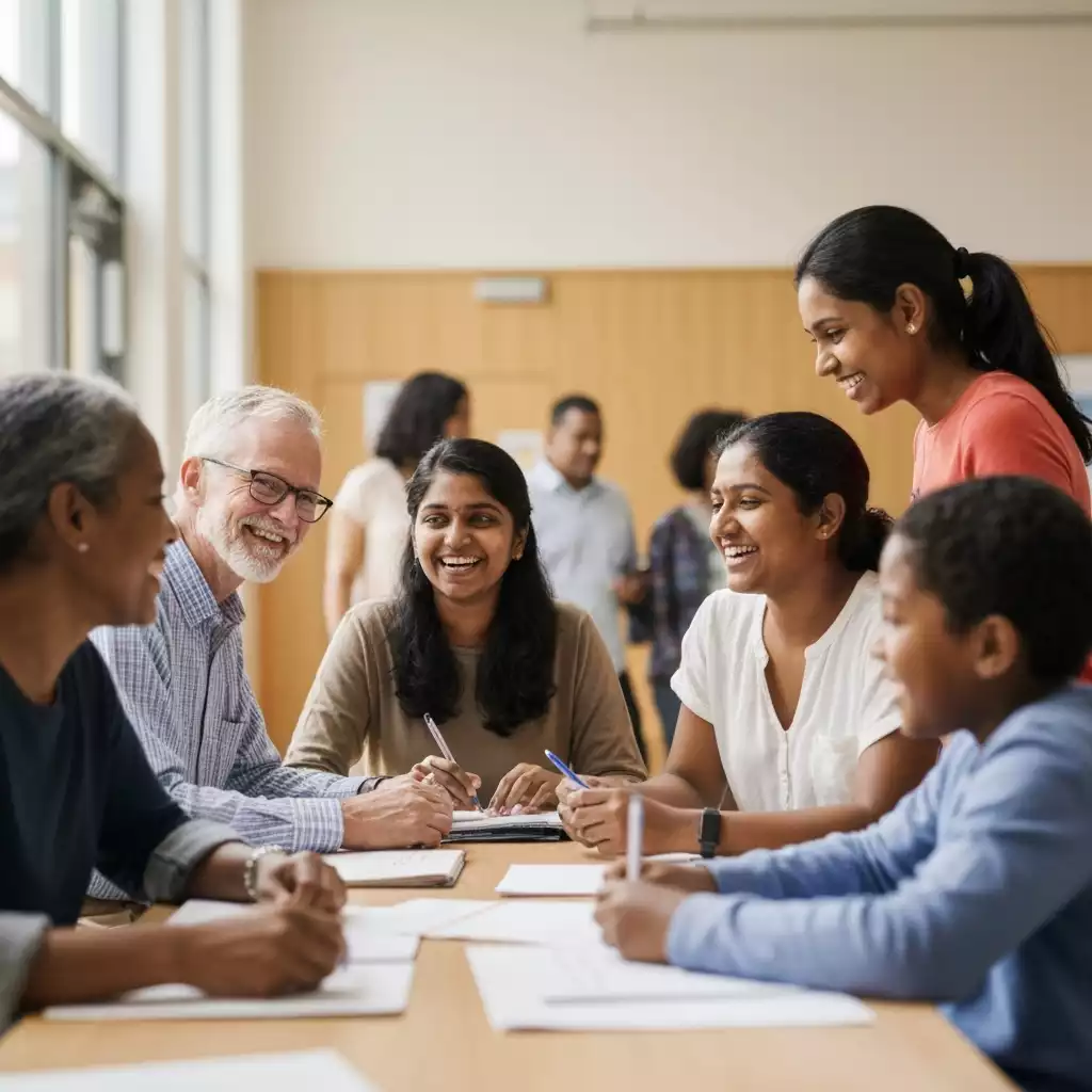 Community members and educators interacting at a school event, showing active engagement and collaboration