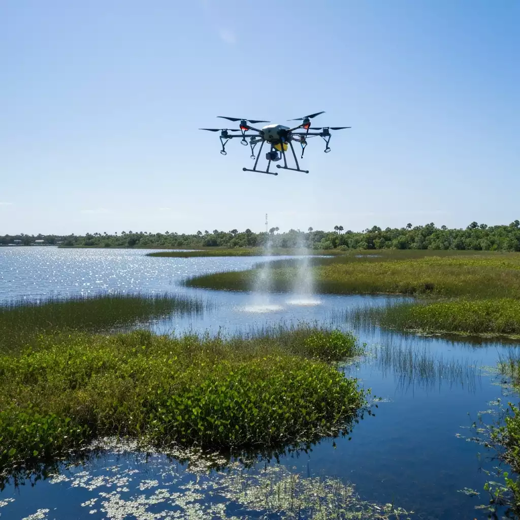 Drone spraying mosquito control in a wetland area