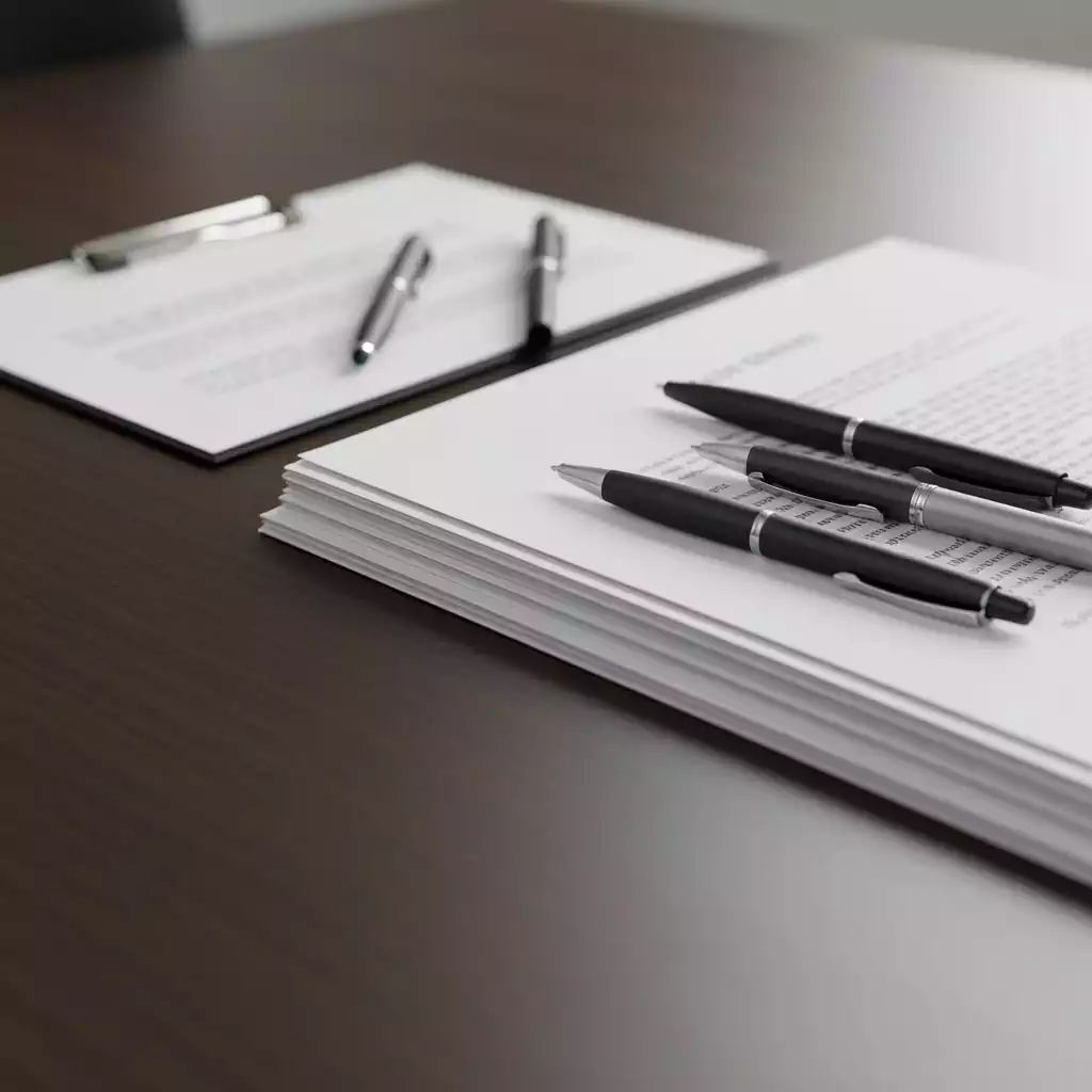 Close-up of legal documents and pens on a desk, representing ongoing negotiations and legal actions. no text, no words, no typography, no labels, clean image