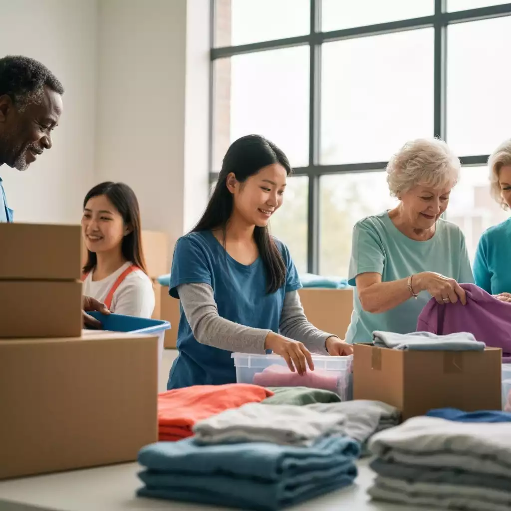 Diverse group of volunteers sorting donations at a community shelter, emphasizing community involvement in addressing homelessness