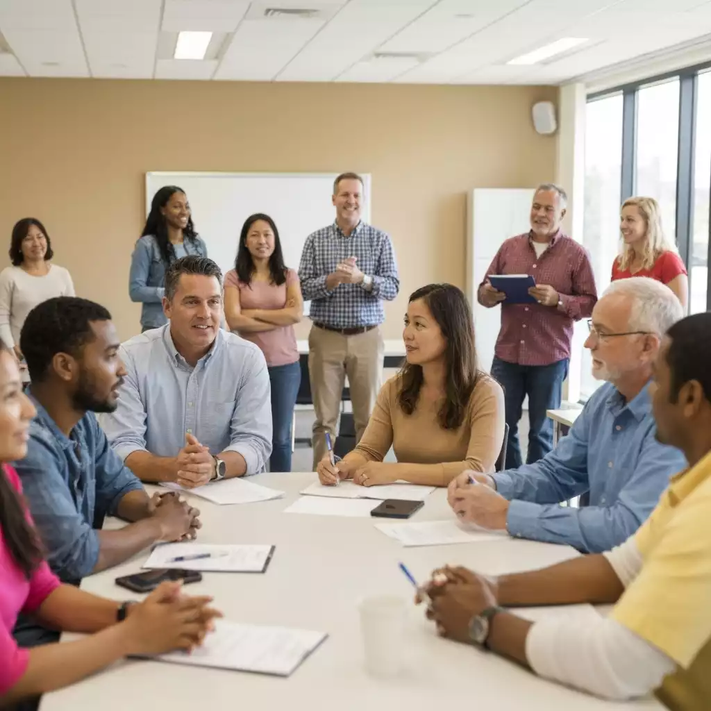 Parents and community members discussing education in a town hall meeting, vibrant, diverse group, no text, no words, no typography, clean image