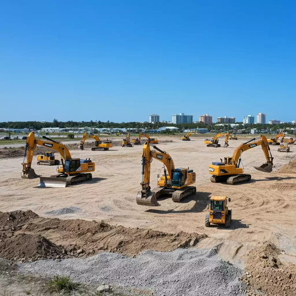 Construction site of a food truck park with heavy machinery, clear sky, Fort Myers Beach in background, no text, no words, no typography, clean image