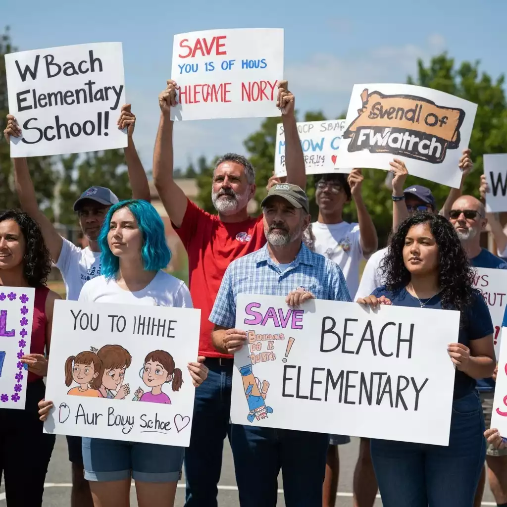 Community members rallying to save Beach Elementary school, holding signs, diverse group, bright sunny day