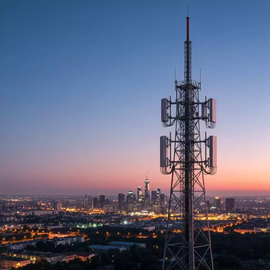 Broadcast tower with network signals over a city skyline at dusk