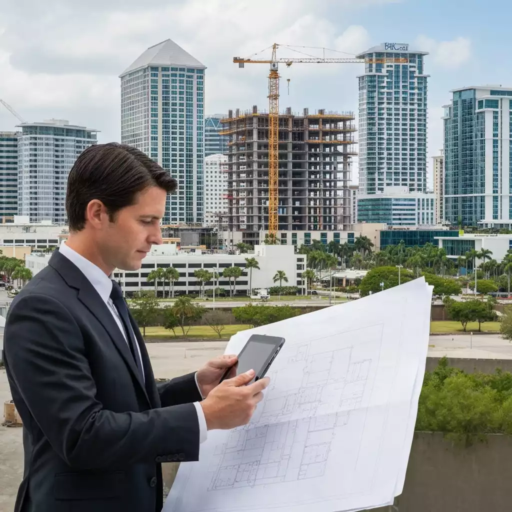 Business owner reviewing construction plans on a tablet with a city skyline in the background