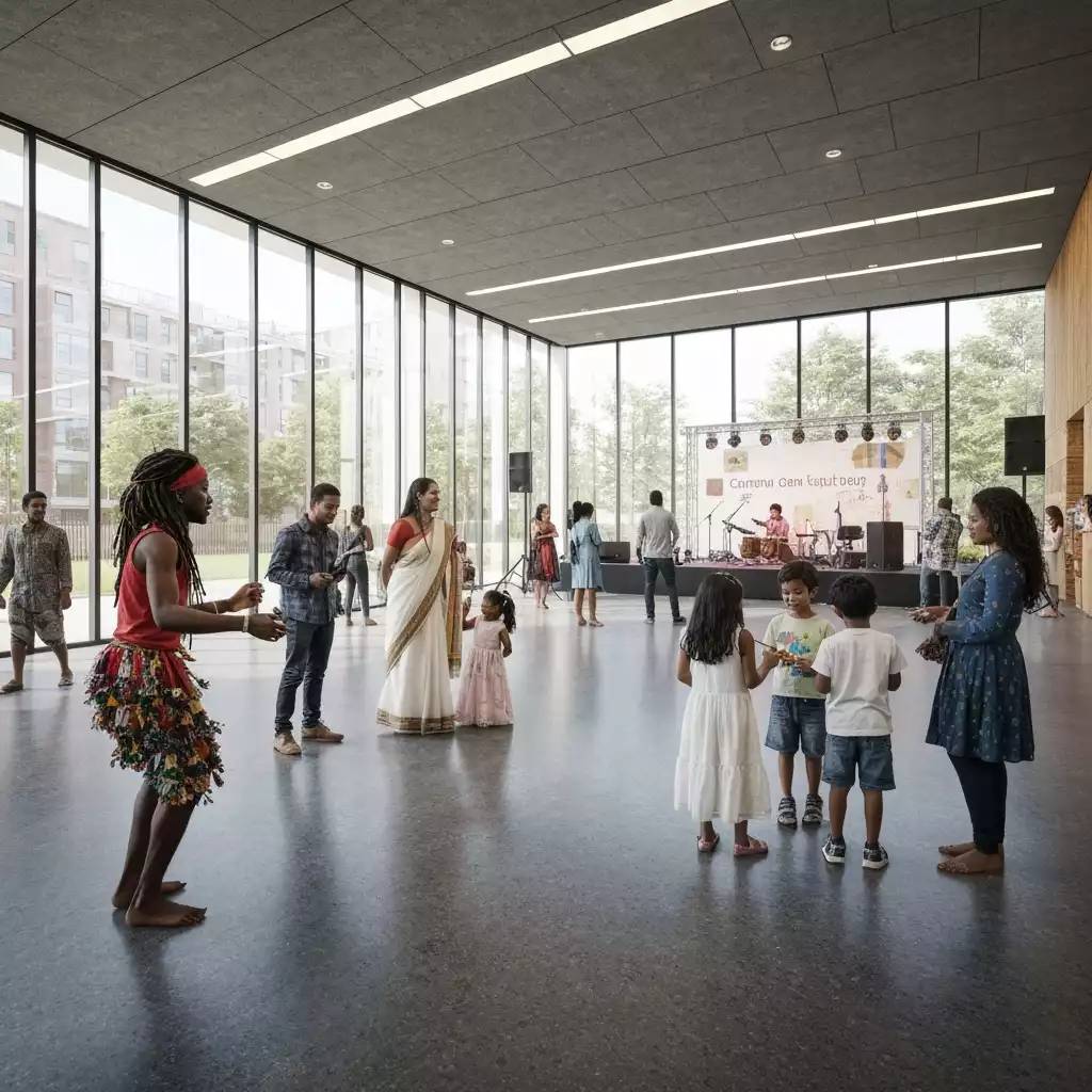 People enjoying diverse cultural performances and art exhibits at a community center, no text, no words, no typography, 8K