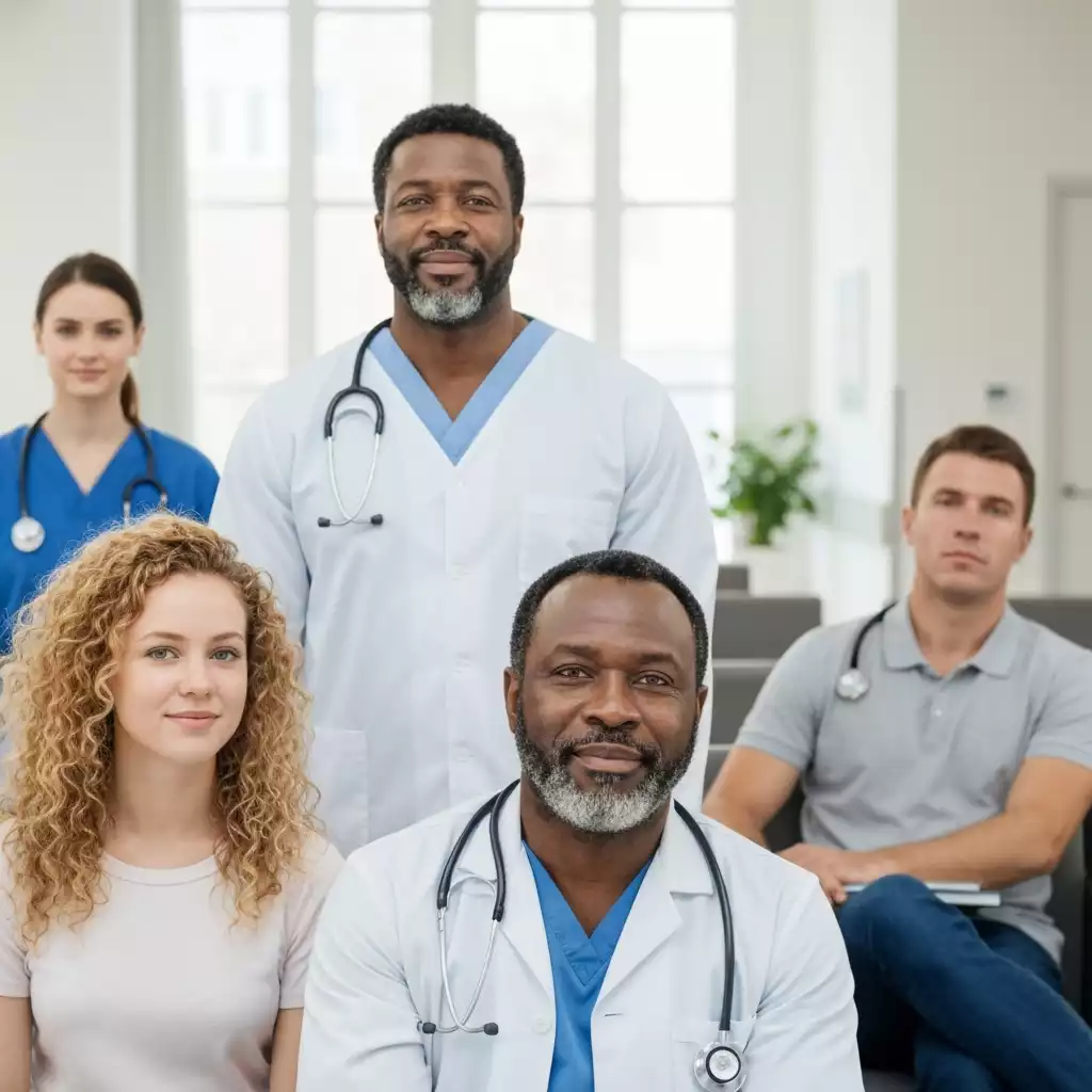 Diverse group of people in a bright, modern hospital waiting area, looking informed and calm, no text, no words, no typography, 8K