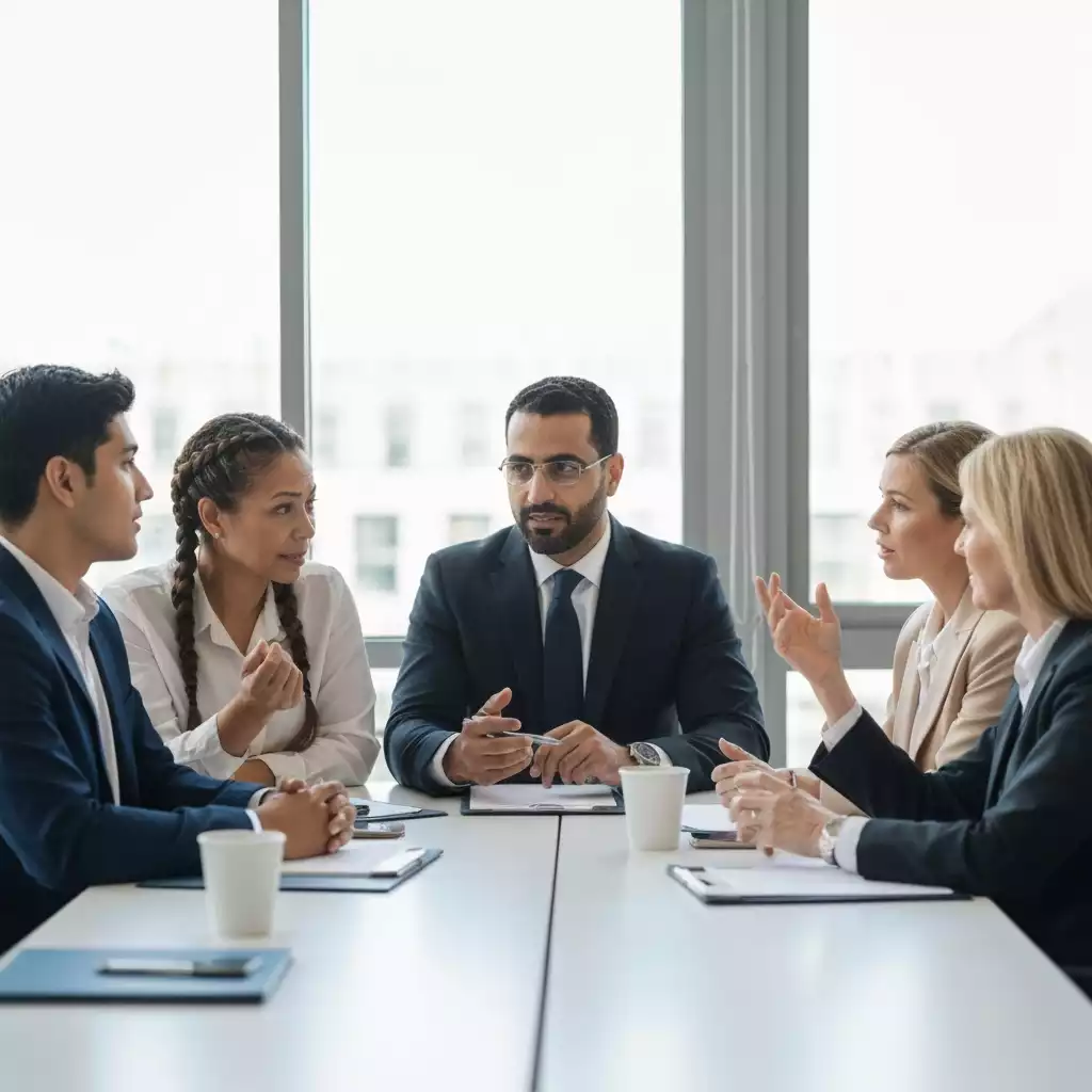 Teachers and administrators in a negotiation meeting, professional setting, diverse group