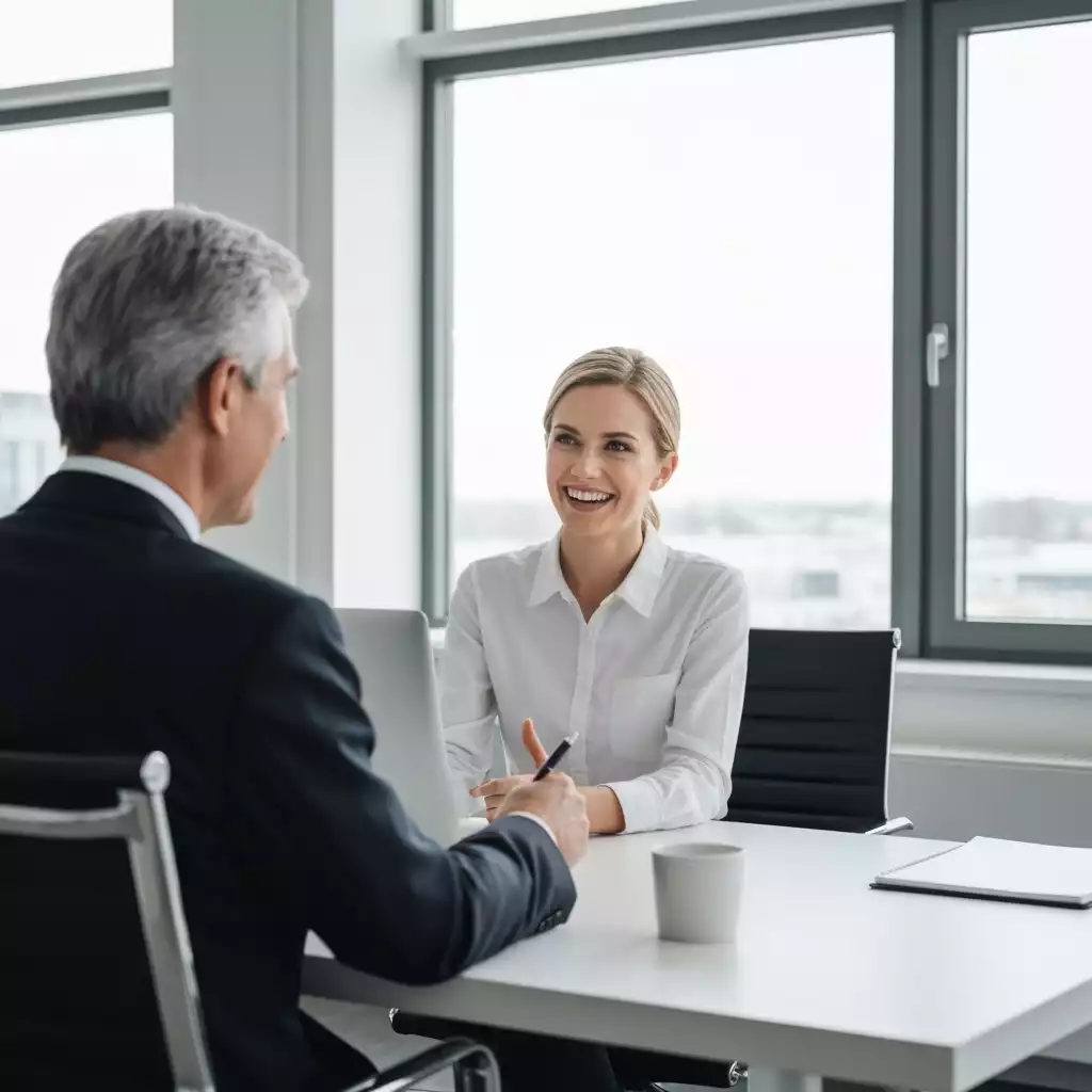 Small business owner meeting with a city official or mentor, discussing growth strategies in a modern office setting