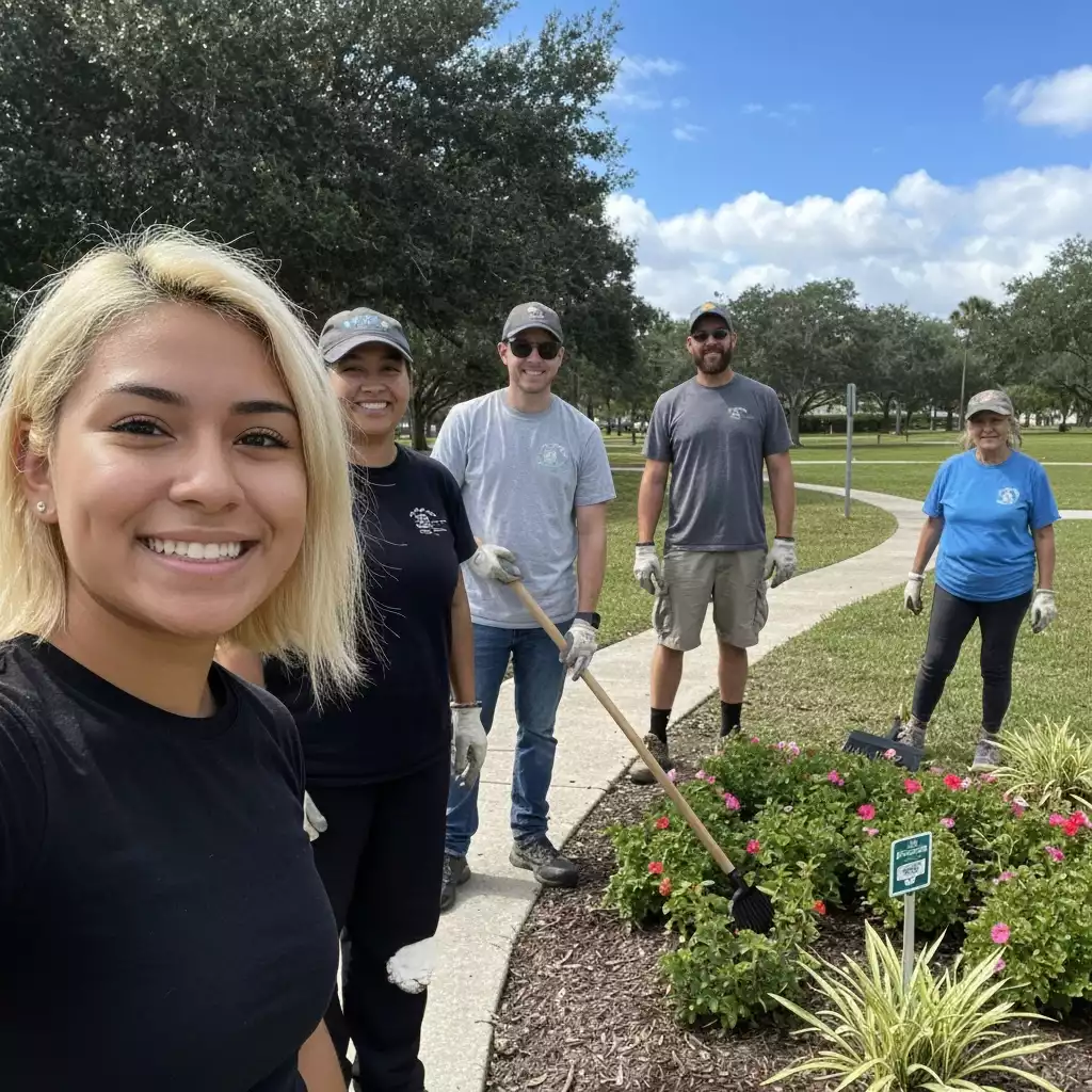 Group of people participating in a community clean-up event in a Fort Myers park