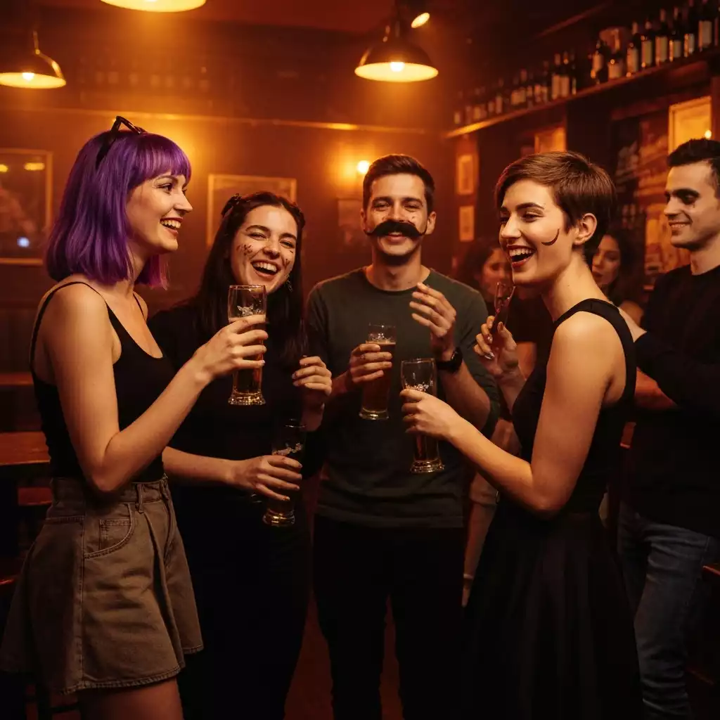 Group of friends in Halloween costumes enjoying a pub crawl