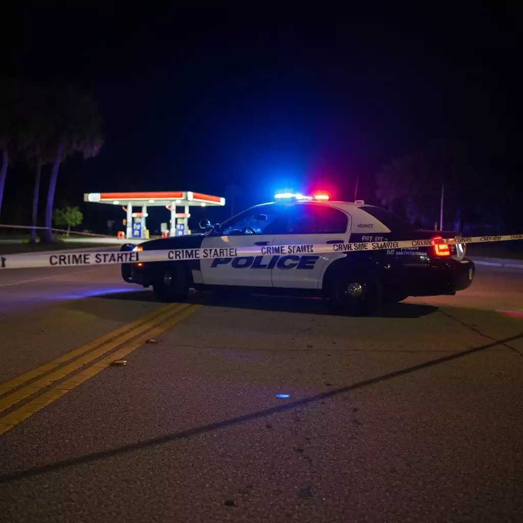 Police car with flashing lights at night, crime scene tape, gas station in background, Fort Myers