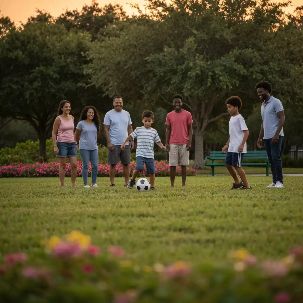 Children playing soccer in a vibrant community park, with diverse groups of families watching from the sidelines, symbolizing community recreation and youth leagues in Fort Myers. The sun is setting, casting a warm glow, no text, no words, no typography, 8K, natural lighting.
