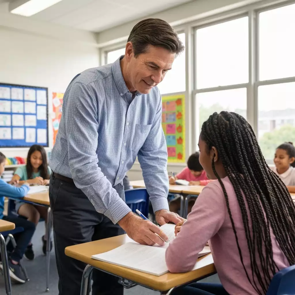 Teacher helping a student with a lesson in a classroom, positive learning environment
